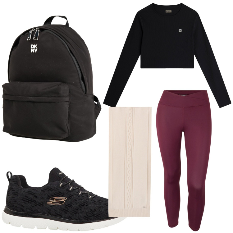 Outfit donna - Jogging al parco. Stile Sporty chic per Tutti i giorni. Abbinamento con zaini, sneakers, maglieria, leggings, sciarpe.