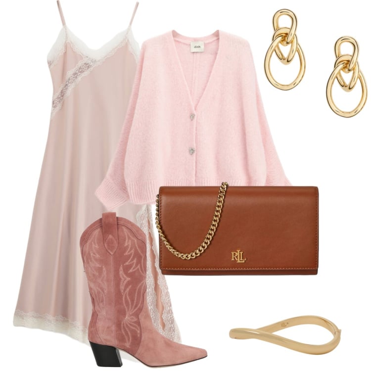 Outfit donna - Spring 2026. Stile Glamour per Tutti i giorni. Abbinamento con stivali, vestiti lunghi, orecchini, braccialetti, borse a tracolla, cardigans.