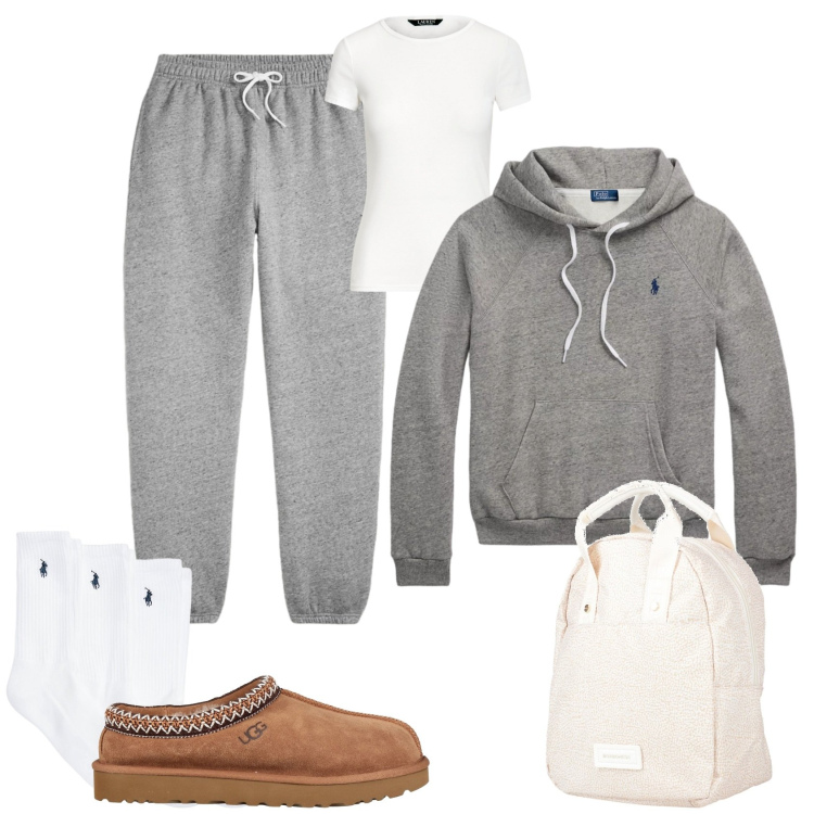 Outfit donna - Clean girl. Stile Basic per Scuola/Università. Abbinamento con zaini, stivaletti, calzini, t-shirt, felpe con cappuccio, pantaloni sportivi.