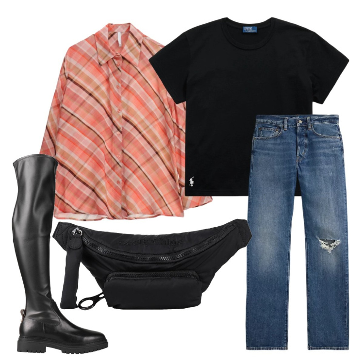 Outfit donna - Grunge inspiration. Stile Urban per Scuola/Università. Abbinamento con marsupi, stivali sopra il ginocchio, camicie, jeans dritti, t-shirt.