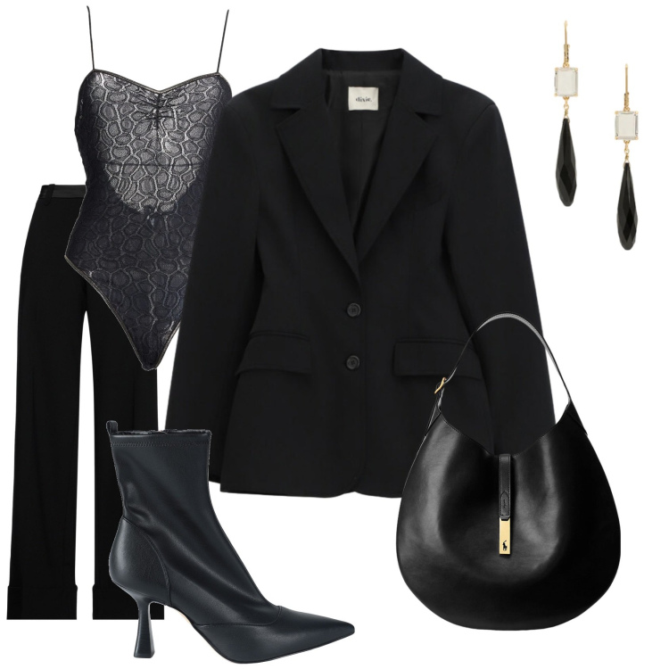 Outfit donna - Morticia. Stile Sexy per Serata fuori. Abbinamento con body, stivaletti, pantaloni, blazer, borse a spalla, orecchini.