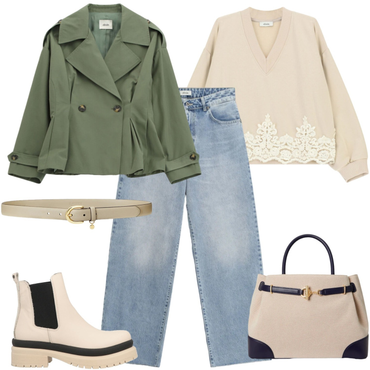 Outfit donna - Dixie PE2026. Stile Trendy per Tutti i giorni. Abbinamento con stivaletti, felpe, blazer, jeans dritti, cinture, borse a mano.