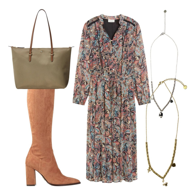 Outfit donna - Fantasia maori. Stile Etnico per Tutti i giorni. Abbinamento con stivali, vestiti, ciondoli, ciondoli, borse tote.