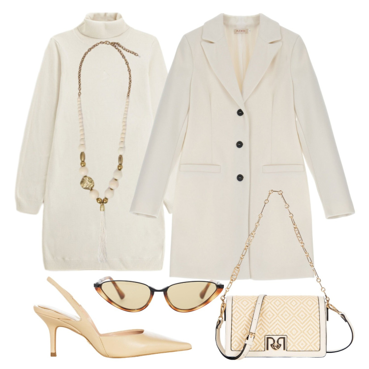 Outfit donna - Febbraio in tonalità soft. Stile Chic per Serata fuori. Abbinamento con occhiali da sole, ciondoli, vestiti corti, cappotti, décolleté, borse a tracolla.