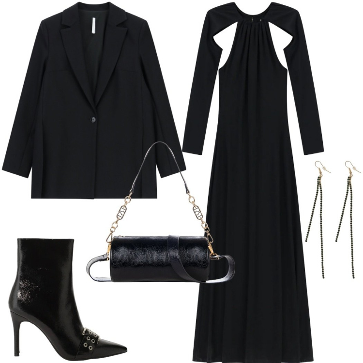 Outfit donna - Abito cut-out. Stile Chic per Serata fuori. Abbinamento con vestiti lunghi, stivaletti, blazer, orecchini, borse a mano.