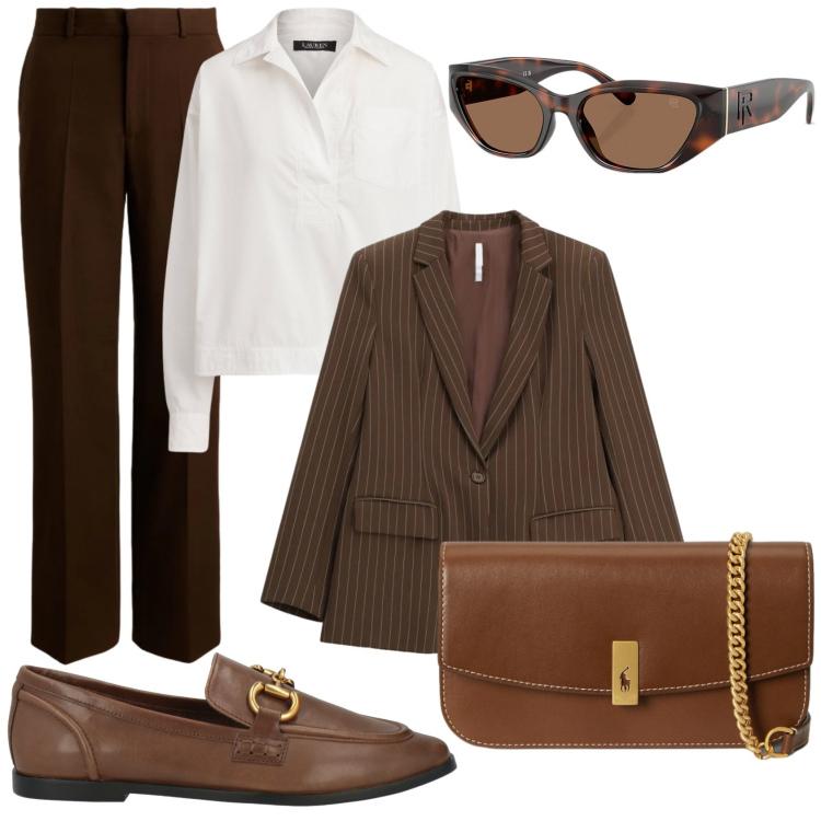 Outfit donna - Equestrian style. Stile Casual chic per Ufficio. Abbinamento con mocassini, blazer, pantaloni, camicie, occhiali da sole, clutch.