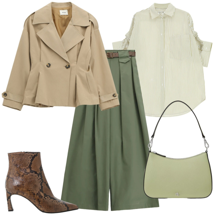 Outfit donna - Dixie PE26. Stile Urban per Ufficio. Abbinamento con pantaloni a palazzo, blazer, camicie, stivaletti, borse a spalla.