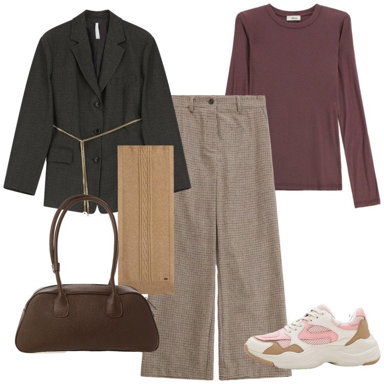 Outfit donna - La catenina in vita. Stile Bon Ton per Tutti i giorni. Abbinamento con sneakers, blazer, borse a mano, t-shirt, sciarpe, pantaloni a palazzo.