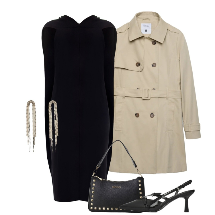 Outfit donna - French style. Stile Chic per Serata fuori. Abbinamento con trench, orecchini, décolleté, pochette, vestiti lunghi.