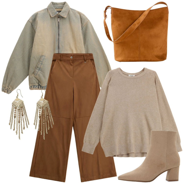 Outfit donna - Bomber denim. Stile Casual chic per Tutti i giorni. Abbinamento con stivaletti, borse a mano, bomber, pantaloni a palazzo, pullovers, orecchini.