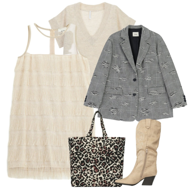 Outfit donna - Avorio Chic a febbraio. Stile Chic per Tutti i giorni. Abbinamento con stivali, shopping bag, maglieria, blazer, vestiti corti.