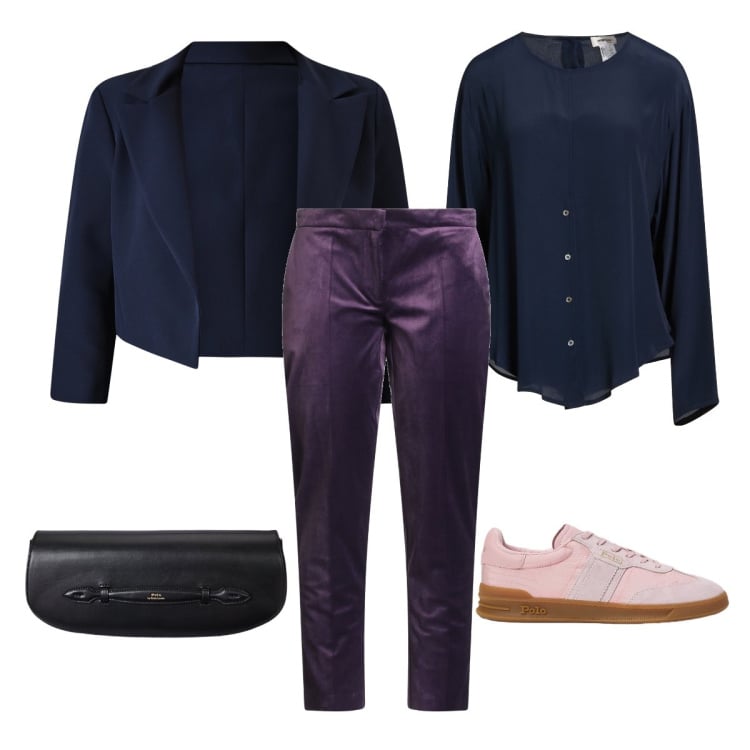 Outfit donna - Ufficio versatile curvy. Stile Mannish per Ufficio. Abbinamento con camicie, pantaloni, bolero, clutch, sneakers.