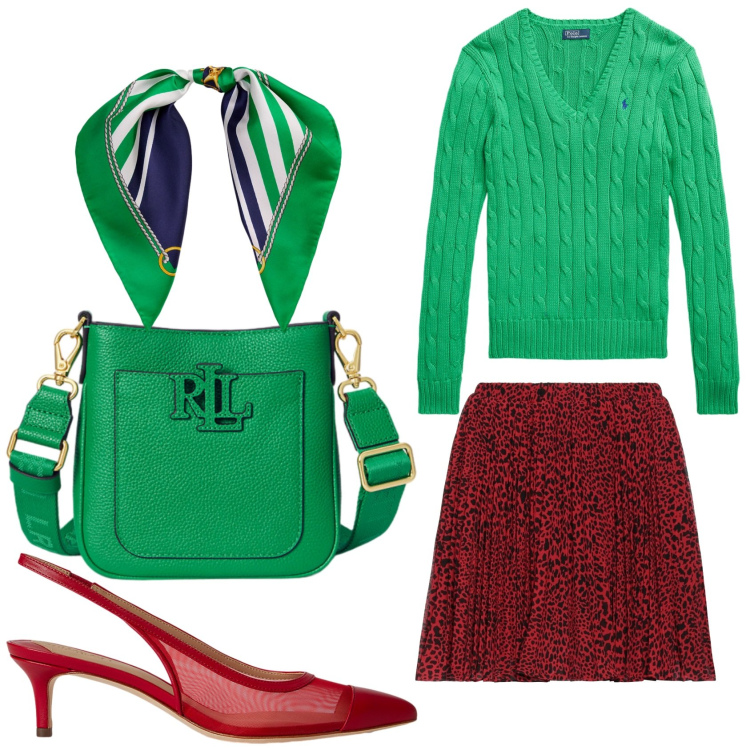 Outfit donna - Rosso verde. Stile Bon Ton per Ufficio. Abbinamento con minigonne, maglieria, borse a tracolla, foulard, décolleté.