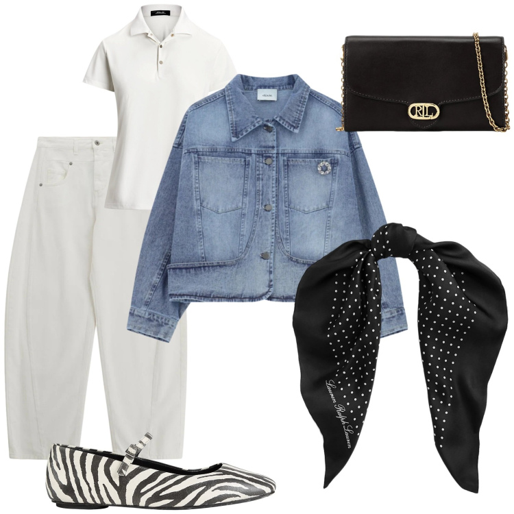 Outfit donna - Outifit n. 2. Stile Glamour per Ufficio. Abbinamento con ballerine, jeans, blazer, foulard, borse a tracolla, polo.