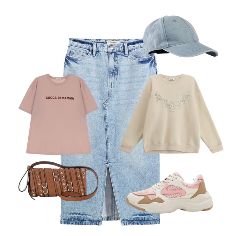 Outfit donna - Urban trends. Stile Urban per Scuola/Università. Abbinamento con gonne longuette, sneakers, cappelli con visiera, borse a spalla, felpe, t-shirt.