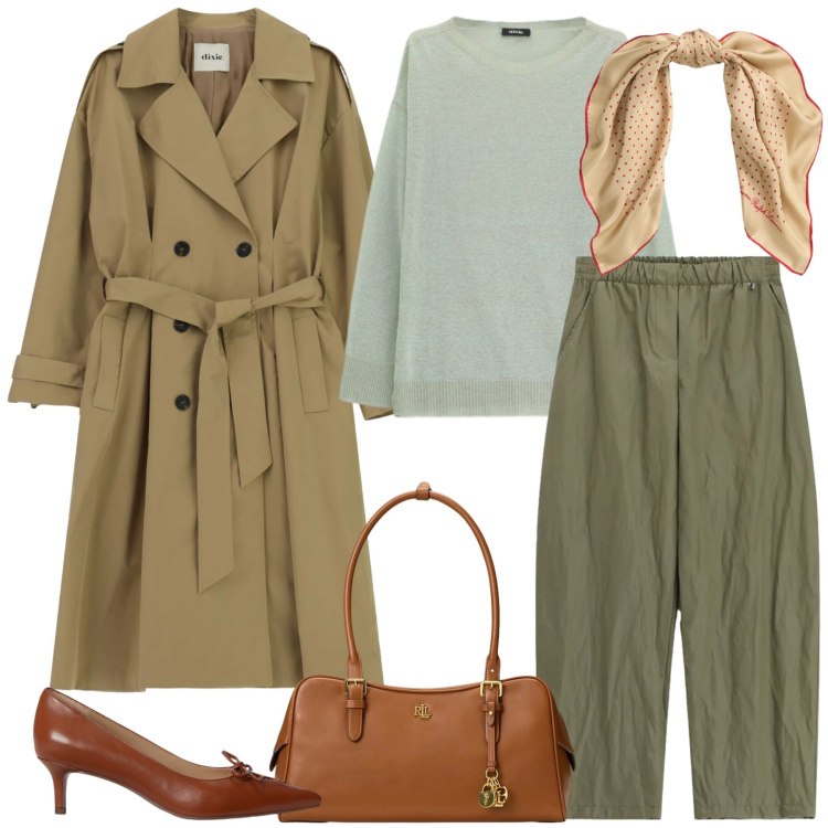 Outfit donna - Dixie PE26. Stile Trendy per Ufficio. Abbinamento con pantaloni a palazzo, maglieria, trench, décolleté, borse a mano, foulard.