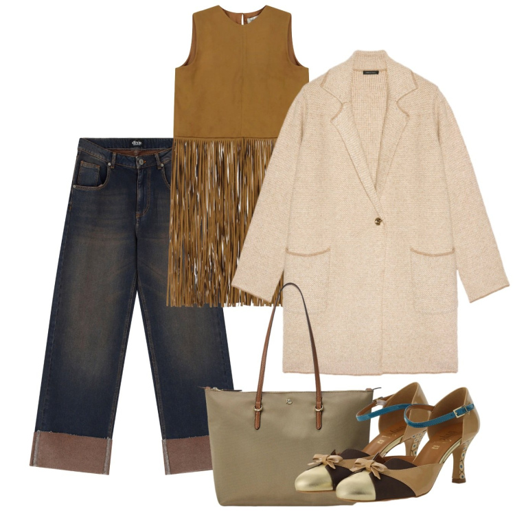 Outfit donna - Febbraio. Stile Chic per Tutti i giorni. Abbinamento con cardigans, gilet, décolleté, jeans, borse tote.