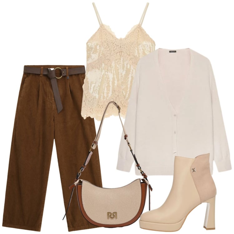 Outfit donna - Neutri a febbraio. Stile Bon Ton per Tutti i giorni. Abbinamento con stivaletti, cardigans, borse a tracolla, top, pantaloni a palazzo.