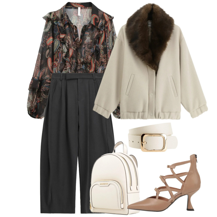 Outfit donna - Ultimi freddi. Stile Bon Ton per Tutti i giorni. Abbinamento con décolleté, zaini, cinture, camicie, cappotti, pantaloni.