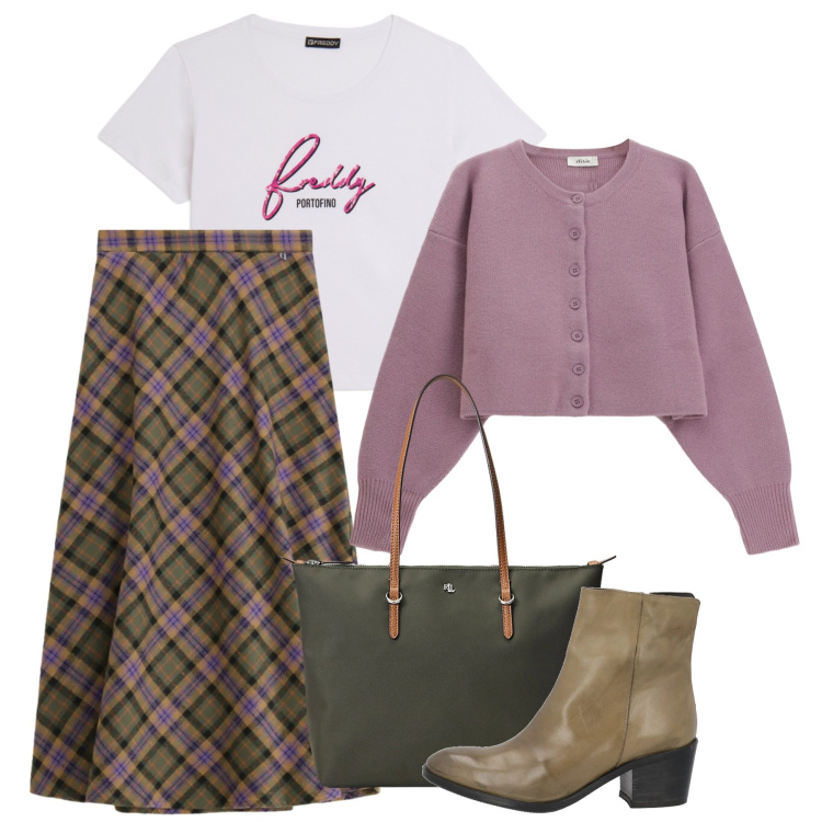 Outfit donna - Fine febbraio. Stile Casual per Tutti i giorni. Abbinamento con stivaletti, cardigans, gonne lunghe, t-shirt, borse tote.