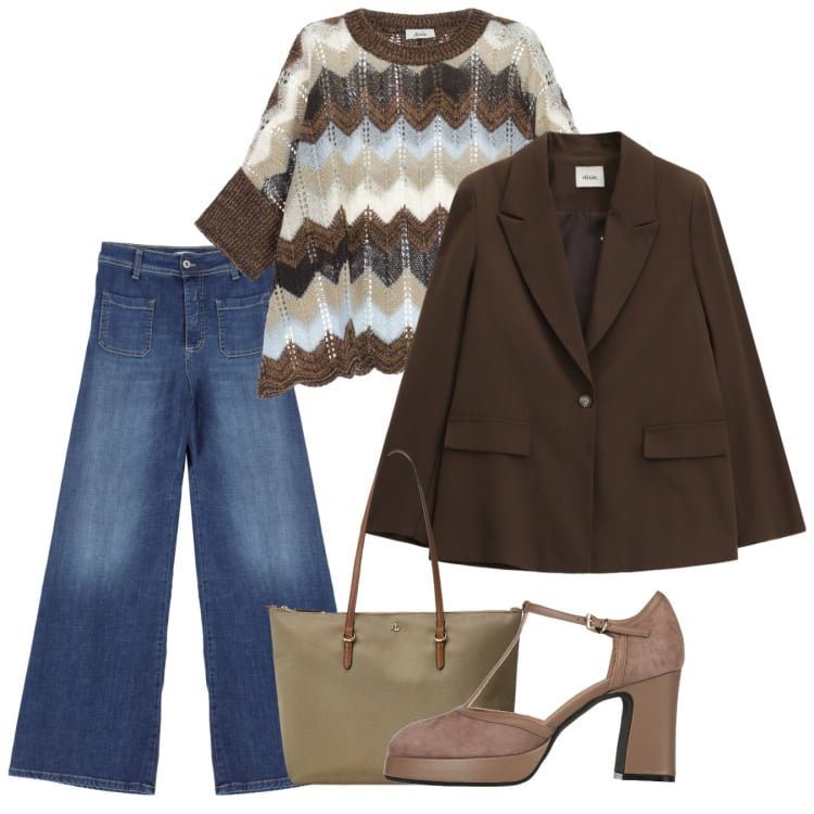 Outfit donna - Febbraio. Stile Chic per Tutti i giorni. Abbinamento con décolleté, jeans, borse tote, blazer, maglieria.