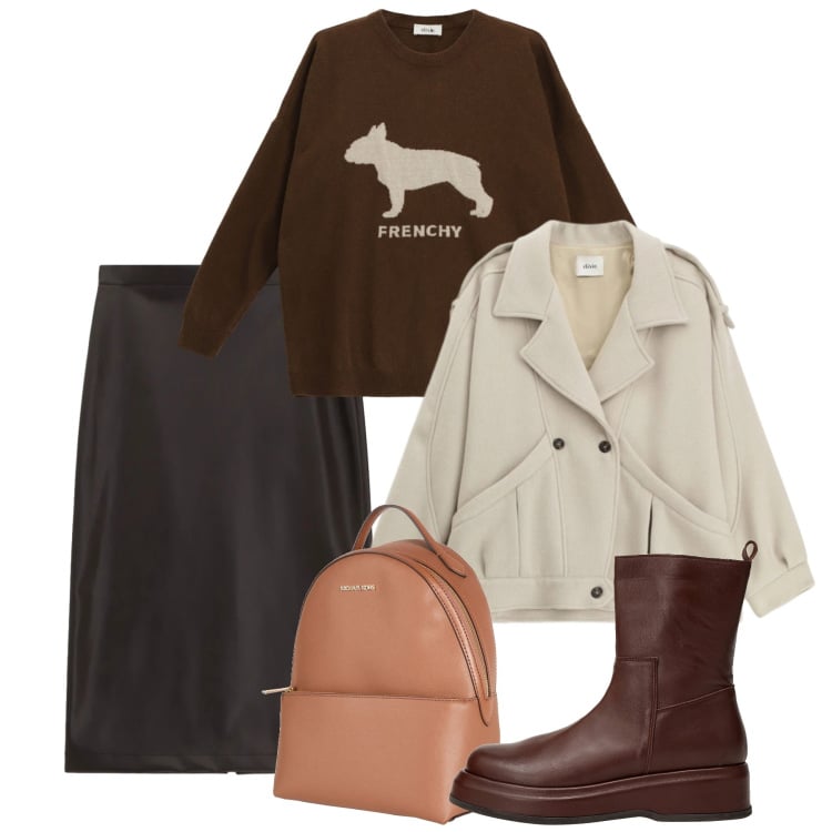 Outfit donna - Chocolat. Stile Chic per Tutti i giorni. Abbinamento con stivaletti, zaini, maglieria, gonne longuette, blazer.
