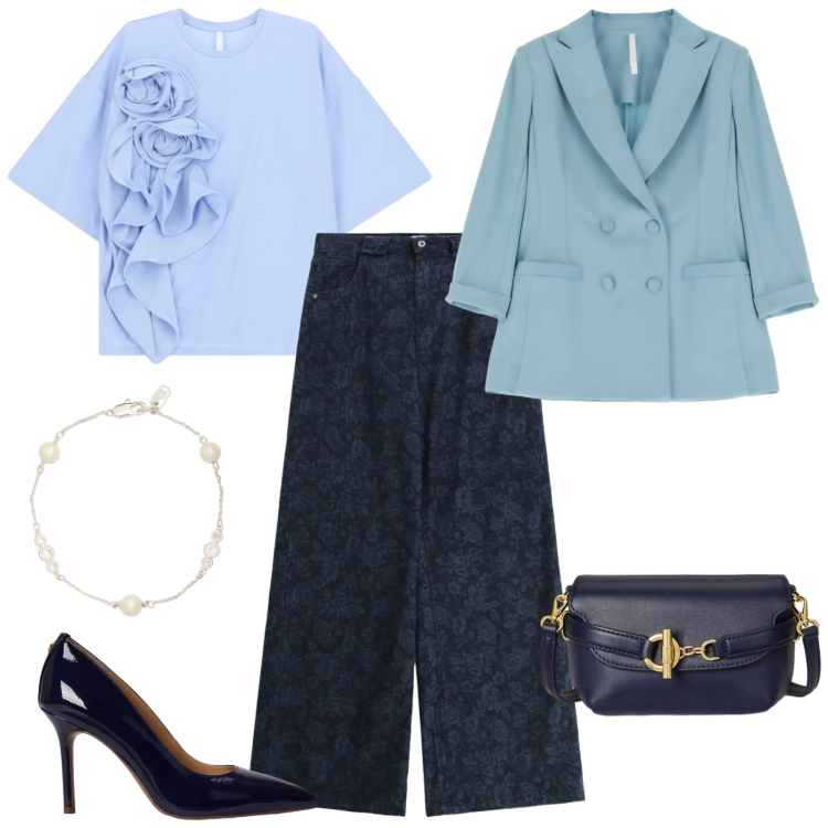 Outfit donna - Color acqua. Stile Chic per Cerimonia. Abbinamento con t-shirt, blazer, jeans, borse a tracolla, décolleté, braccialetti.