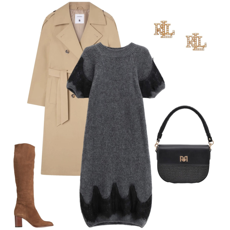 Outfit donna - Incanto d\'Inverno in Grigio Antracite. Stile Glamour per Tutti i giorni. Abbinamento con stivali, trench, borse a spalla, orecchini, vestiti corti.