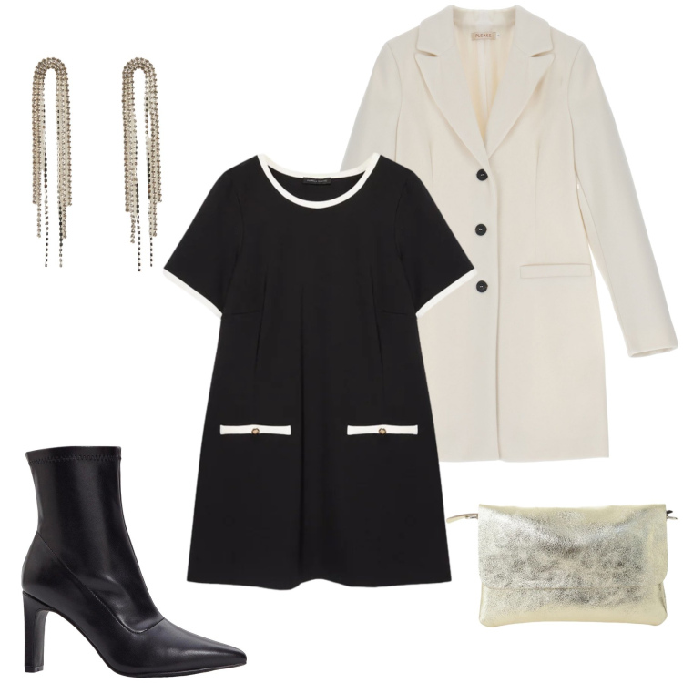 Outfit donna - Chic Contemporaneo. Stile Glamour per Tutti i giorni. Abbinamento con stivaletti, orecchini, vestiti corti, borse a spalla, cappotti.