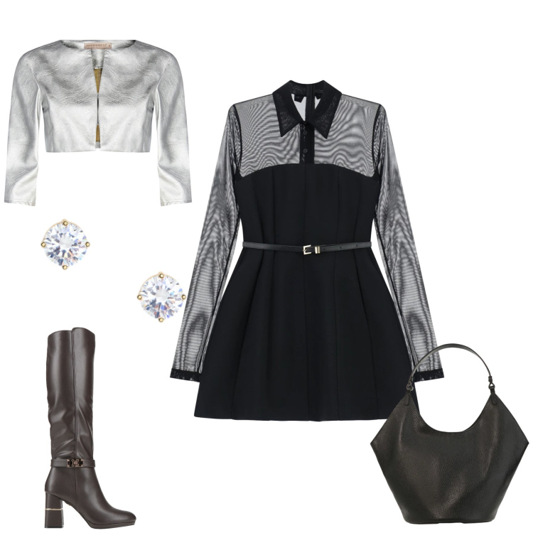 Outfit donna - Bagliori di Seta e Metallo. Stile Glamour per Serata fuori. Abbinamento con stivali, vestiti corti, borse a spalla, bolero, orecchini.