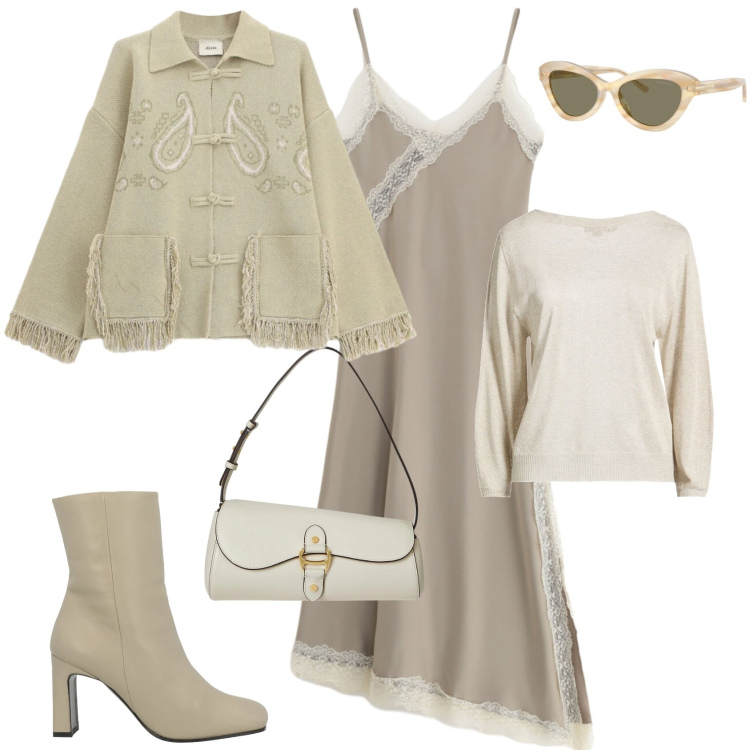 Outfit donna - Casual chic week end serata evento. Stile Casual chic per Tutti i giorni. Abbinamento con pullovers, stivaletti, vestiti lunghi, cardigans, occhiali da sole, borse a spalla.