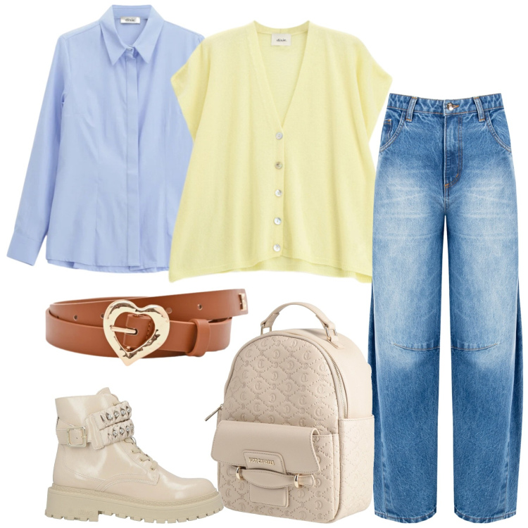 Outfit donna - Primaverile. Stile Casual chic per Tutti i giorni. Abbinamento con anfibi, zaini, camicie, gilet, cinture, jeans.