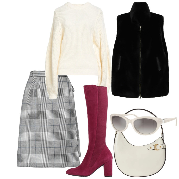 Outfit donna - Febbraio. Stile Bon Ton per Tutti i giorni. Abbinamento con stivali, minigonne, pullovers, gilet, occhiali da sole, borse a spalla.