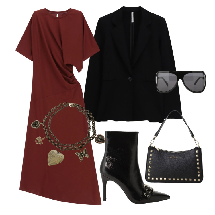 Outfit donna - Cut-out femminile. Stile Trendy per Serata fuori. Abbinamento con vestiti lunghi, occhiali da sole, stivaletti, pochette, blazer, collane.