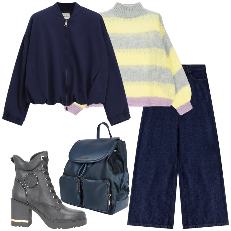 Outfit donna - Total look #2343025. Stile Urban per Tutti i giorni. Abbinamento con stivaletti, zaini, jeans, bomber, maglieria.