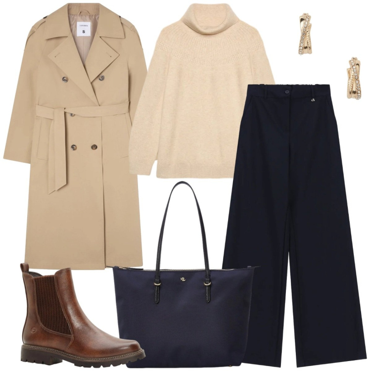 Outfit donna - Ufficio. Stile Urban per Ufficio. Abbinamento con stivaletti, maglieria, trench, borse tote, orecchini, pantaloni a palazzo.