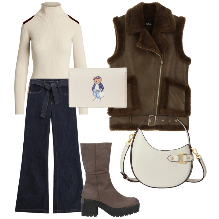 Outfit donna - Sabato pomeriggio. Stile Trendy per Tutti i giorni. Abbinamento con stivaletti, gilet, jeans a zampa, borse a tracolla, portafogli, maglieria.
