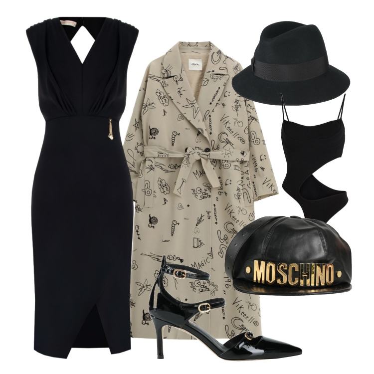 Outfit donna - Sensuale e sofisticato. Stile Trendy per Serata fuori. Abbinamento con body, décolleté, marsupi, cappelli, cappotti, vestiti asimmetrici.