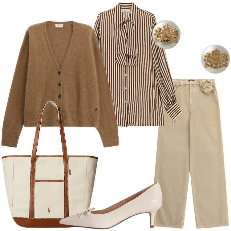 Outfit donna - Bon Ton semplice. Stile Bon Ton per Ufficio. Abbinamento con pantaloni a palazzo, cardigans, camicie, décolleté, orecchini, borse tote.