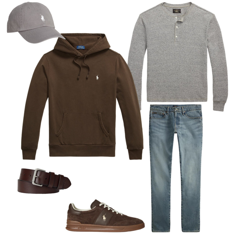 Outfit uomo - Riflessi di Terra e Grigio. Stile Casual per Tutti i giorni. Abbinamento con cappelli, cinture, jeans, sneakers, t-shirt, felpe con cappuccio.