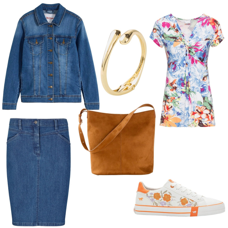 Outfit donna - Jeans in primavera. Stile Casual per Tutti i giorni. Abbinamento con gonne, maglieria, blazer, sneakers, braccialetti, borse a mano.