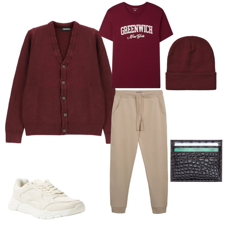 Outfit uomo - Bordeaux Intenso: Calore Accademico. Stile Trendy per Tutti i giorni. Abbinamento con cardigans, sneakers, berretti, pantaloni, t-shirt, portafogli.