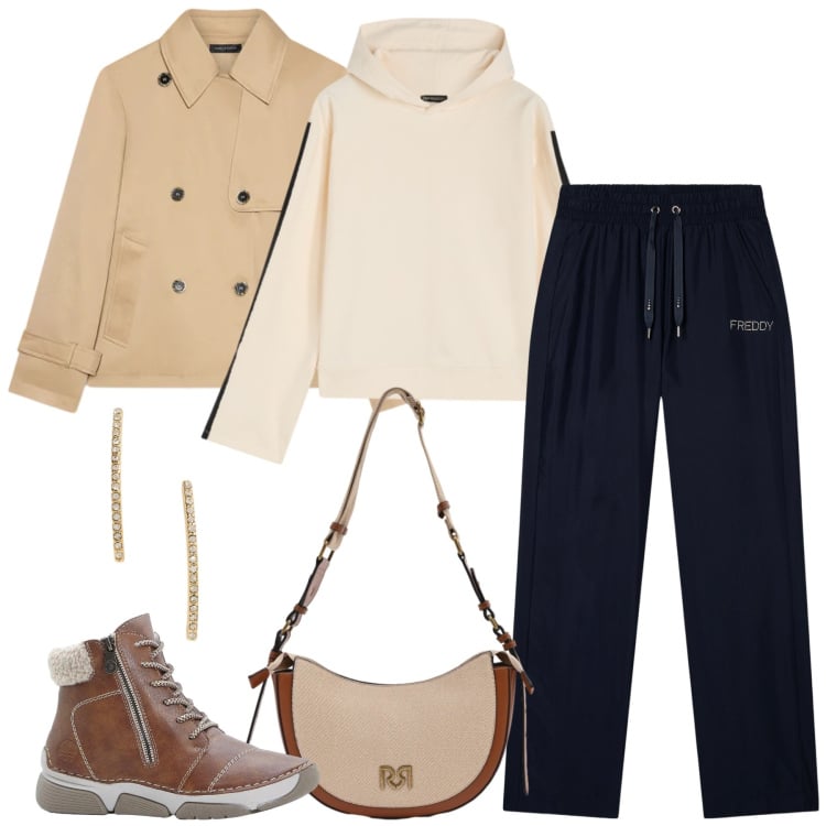 Outfit donna - Total look #2343045. Stile Sporty chic per Ufficio. Abbinamento con stivaletti, trench, felpe con cappuccio, pantaloni sportivi, borse a tracolla, orecchini.