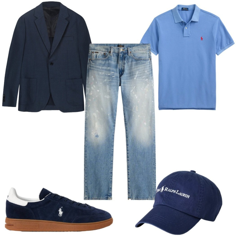 Outfit uomo - Total look #2343047. Stile Trendy per Tutti i giorni. Abbinamento con polo, cappelli, sneakers, jeans dritti, giacche.