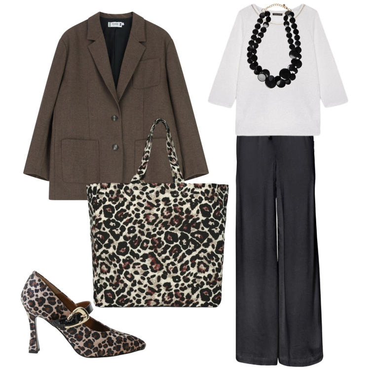Outfit donna - I dettagli che contano. Stile Casual chic per Tutti i giorni. Abbinamento con pantaloni, shopping bag, décolleté, bluse, collane, blazer.