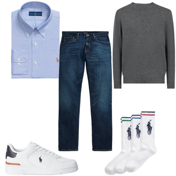Outfit uomo - Total look #2343052. Stile Casual per Tutti i giorni. Abbinamento con camicie, sneakers, calzini, jeans dritti, maglieria.