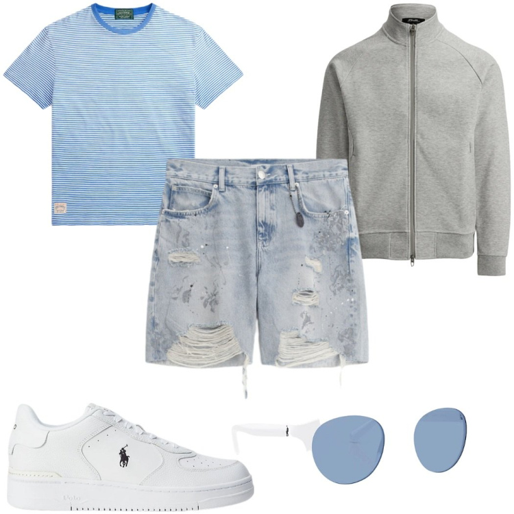 Outfit uomo - Total look #2343053. Stile Trendy per Tutti i giorni. Abbinamento con bermuda, sneakers, occhiali da sole, giacche sportive, t-shirt.