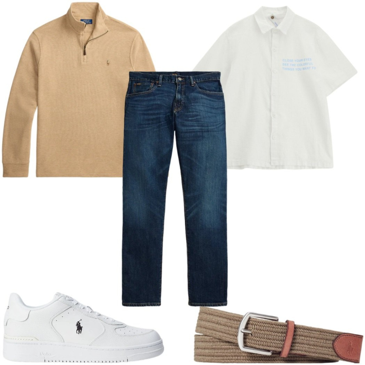 Outfit uomo - Total look #2343054. Stile Trendy per Tutti i giorni. Abbinamento con camicie a manica corta, cinture, sneakers, jeans dritti, pullovers.