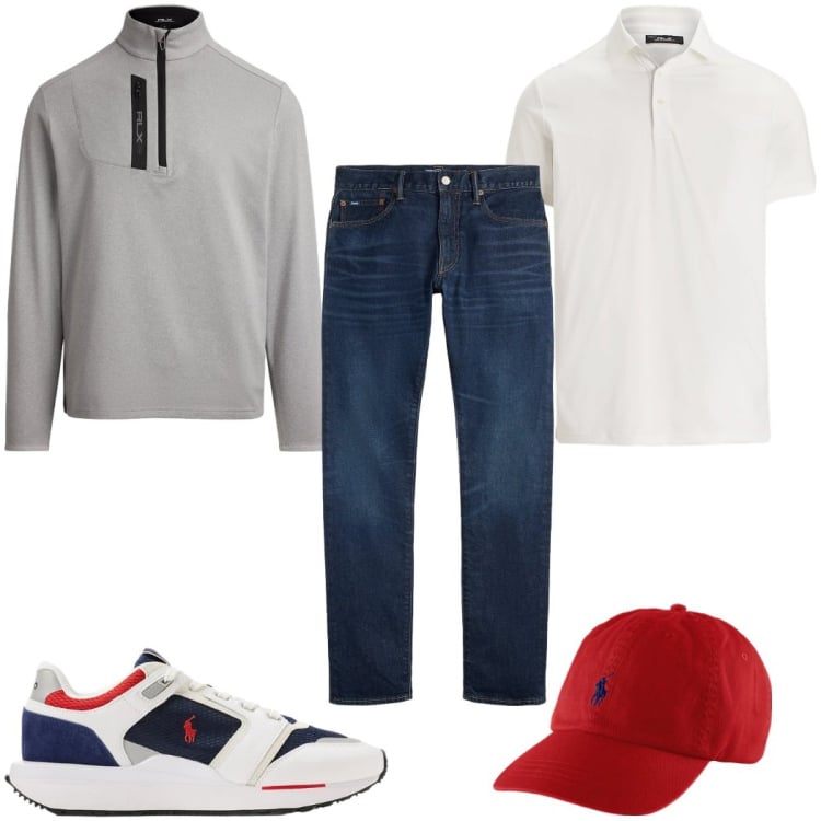 Outfit uomo - Total look #2343056. Stile Trendy per Tutti i giorni. Abbinamento con cappelli, polo, jeans, sneakers, pullovers.