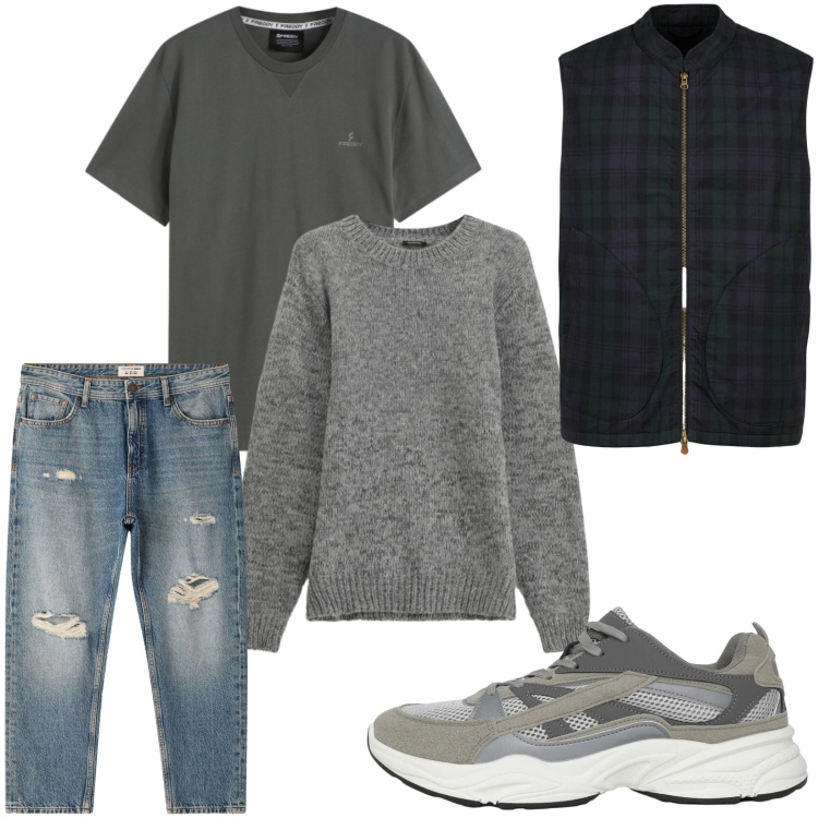 Outfit uomo - Jeans strappati. Stile Trendy per Tutti i giorni. Abbinamento con maglieria, sneakers, jeans strappati, t-shirt, piumini.